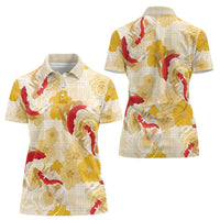 Beige Palaka Hawaii Aloha Women Polo Shirt Koi Pond Mix Ilima Flowers - Polynesian Pride