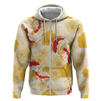 Beige Palaka Hawaii Aloha Zip Hoodie Koi Pond Mix Ilima Flowers - Polynesian Pride