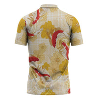 Beige Palaka Hawaii Aloha Zipper Polo Shirt Koi Pond Mix Ilima Flowers LT7 - Polynesian Pride