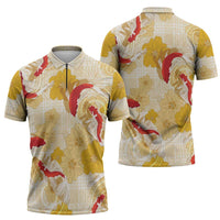 Beige Palaka Hawaii Aloha Zipper Polo Shirt Koi Pond Mix Ilima Flowers LT7 - Polynesian Pride