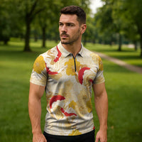 Beige Palaka Hawaii Aloha Zipper Polo Shirt Koi Pond Mix Ilima Flowers LT7 - Polynesian Pride