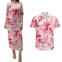 Pink Palaka Hawaii Aloha Couples Matching Puletasi and Hawaiian Shirt Koi Pond Mix Sakura LT7 Pink - Polynesian Pride