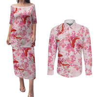Pink Palaka Hawaii Aloha Couples Matching Puletasi and Long Sleeve Button Shirt Koi Pond Mix Sakura LT7 Pink - Polynesian Pride