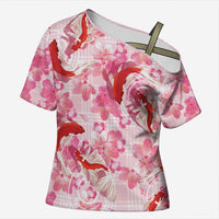 Pink Palaka Hawaii Aloha Cross Shoulder Shirt Koi Pond Mix Sakura LT7 Female Pink - Polynesian Pride