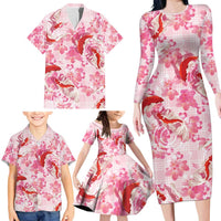 Pink Palaka Hawaii Aloha Family Matching Long Sleeve Bodycon Dress and Hawaiian Shirt Koi Pond Mix Sakura - Polynesian Pride