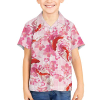 Pink Palaka Hawaii Aloha Family Matching Off The Shoulder Long Sleeve Dress and Hawaiian Shirt Koi Pond Mix Sakura - Polynesian Pride
