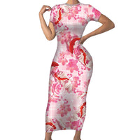 Pink Palaka Hawaii Aloha Short Sleeve Bodycon Dress Koi Pond Mix Sakura LT7 Long Dress Pink - Polynesian Pride
