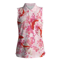 Pink Palaka Hawaii Aloha Women Sleeveless Polo Shirt Koi Pond Mix Sakura LT7 Female Pink - Polynesian Pride