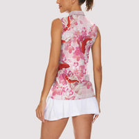 Pink Palaka Hawaii Aloha Women Sleeveless Polo Shirt Koi Pond Mix Sakura LT7 - Polynesian Pride