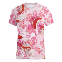 Pink Palaka Hawaii Aloha Women V-Neck T-Shirt Koi Pond Mix Sakura - Polynesian Pride