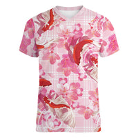 Pink Palaka Hawaii Aloha Women V-Neck T-Shirt Koi Pond Mix Sakura LT7 Female Pink - Polynesian Pride