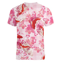Pink Palaka Hawaii Aloha Women V-Neck T-Shirt Koi Pond Mix Sakura LT7 - Polynesian Pride