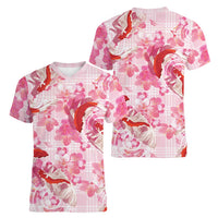 Pink Palaka Hawaii Aloha Women V-Neck T-Shirt Koi Pond Mix Sakura LT7 - Polynesian Pride