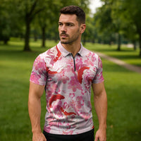Pink Palaka Hawaii Aloha Zipper Polo Shirt Koi Pond Mix Sakura LT7 - Polynesian Pride