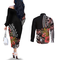 Hawaii Valentine Couples Matching Off The Shoulder Long Sleeve Dress and Long Sleeve Button Shirt Plumeria Aloha Wau Ia Oe LT7 - Polynesian Pride
