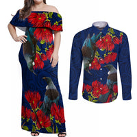 New Zealand Couples Matching Off Shoulder Maxi Dress and Long Sleeve Button Shirt Tui Couple with Pohutukawa LT7 Blue - Polynesian Pride