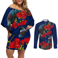 New Zealand Couples Matching Off Shoulder Short Dress and Long Sleeve Button Shirt Tui Couple with Pohutukawa LT7 Blue - Polynesian Pride