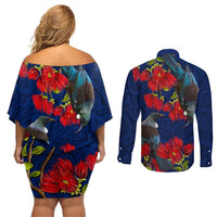 New Zealand Couples Matching Off Shoulder Short Dress and Long Sleeve Button Shirt Tui Couple with Pohutukawa LT7 - Polynesian Pride