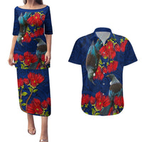 New Zealand Couples Matching Puletasi and Hawaiian Shirt Tui Couple with Pohutukawa LT7 Blue - Polynesian Pride