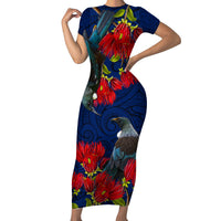 New Zealand Short Sleeve Bodycon Dress Tui Couple with Pohutukawa LT7 Long Dress Blue - Polynesian Pride