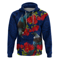 New Zealand Zip Hoodie Tui Couple with Pohutukawa LT7 Pullover Hoodie Blue - Polynesian Pride