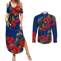 New Zealand Pohutukawa with Tui Birds Couples Matching Summer Maxi Dress and Long Sleeve Button Shirt Version 2 LT7 Blue - Polynesian Pride