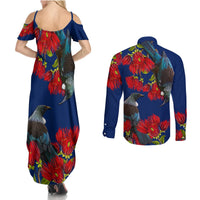 New Zealand Pohutukawa with Tui Birds Couples Matching Summer Maxi Dress and Long Sleeve Button Shirt Version 2 LT7 - Polynesian Pride