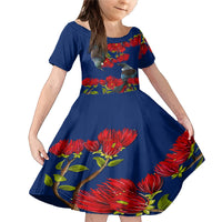 New Zealand Pohutukawa with Tui Birds Family Matching Mermaid Dress and Hawaiian Shirt Version 2 LT7 Daughter's Dress Blue - Polynesian Pride