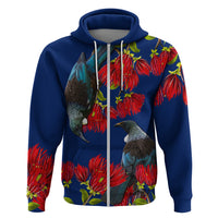 New Zealand Pohutukawa with Tui Birds Hoodie Version 2 LT7 Zip Hoodie Blue - Polynesian Pride