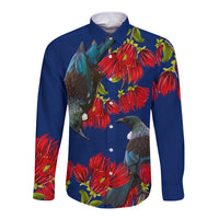 New Zealand Pohutukawa with Tui Birds Long Sleeve Button Shirt Version 2 LT7 Unisex Blue - Polynesian Pride