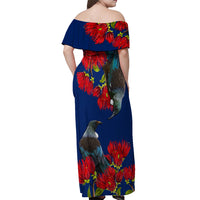 New Zealand Pohutukawa with Tui Birds Off Shoulder Maxi Dress Version 2 LT7 - Polynesian Pride