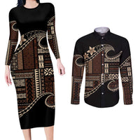 Samoa Siapo Mamanu Couples Matching Long Sleeve Bodycon Dress and Long Sleeve Button Shirt Waves Motifs LT7 Black - Polynesian Pride