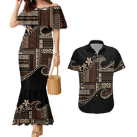 Samoa Siapo Mamanu Couples Matching Mermaid Dress and Hawaiian Shirt Waves Motifs LT7 Black - Polynesian Pride