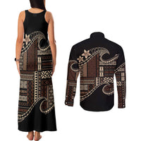 Samoa Siapo Mamanu Couples Matching Tank Maxi Dress and Long Sleeve Button Shirt Waves Motifs LT7 - Polynesian Pride