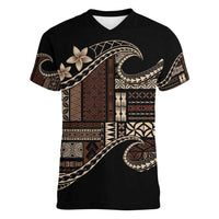 Samoa Siapo Mamanu Women V-Neck T-Shirt Waves Motifs LT7 Female Black - Polynesian Pride