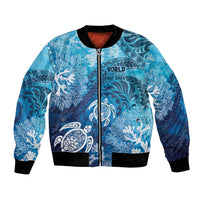 Hawaii World Ocean Day Bomber Jacket Kakau Turtles LT7 Unisex Blue - Polynesian Pride