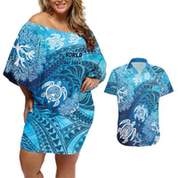 Hawaii World Ocean Day Couples Matching Off Shoulder Short Dress and Hawaiian Shirt Kakau Turtles LT7 Blue - Polynesian Pride
