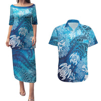 Hawaii World Ocean Day Couples Matching Puletasi and Hawaiian Shirt Kakau Turtles LT7 Blue - Polynesian Pride