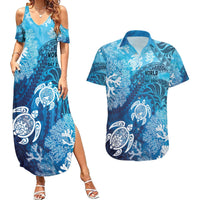 Hawaii World Ocean Day Couples Matching Summer Maxi Dress and Hawaiian Shirt Kakau Turtles LT7 Blue - Polynesian Pride