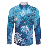Hawaii World Ocean Day Family Matching Off The Shoulder Long Sleeve Dress and Hawaiian Shirt Kakau Turtles LT7 Dad's Shirt - Long Sleeve Blue - Polynesian Pride