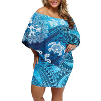 Hawaii World Ocean Day Off Shoulder Short Dress Kakau Turtles LT7 Women Blue - Polynesian Pride