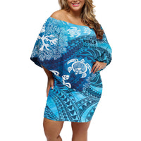 Hawaii World Ocean Day Off Shoulder Short Dress Kakau Turtles LT7 Women Blue - Polynesian Pride