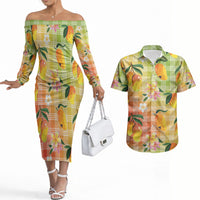 Aloha Hawaii Palaka Print Mango Plumeria Couples Matching Off The Shoulder Long Sleeve Dress and Hawaiian Shirt Tropical Vibes