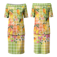 Aloha Hawaii Palaka Print Mango Plumeria Couples Matching Puletasi and Hawaiian Shirt Tropical Vibes