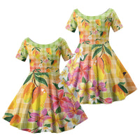 Aloha Hawaii Palaka Print Mango Plumeria Family Matching Off The Shoulder Long Sleeve Dress and Hawaiian Shirt Tropical Vibes