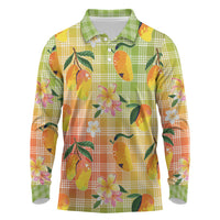 Aloha Hawaii Palaka Print Mango Plumeria Long Sleeve Polo Shirt Tropical Vibes