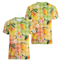 Aloha Hawaii Palaka Print Mango Plumeria Women V-Neck T-Shirt Tropical Vibes