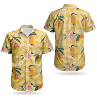 Aloha Hawaii Palaka Print Mango Plumeria Couples Matching Off The Shoulder Long Sleeve Dress and Hawaiian Shirt Fresh Lemon