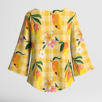 Aloha Hawaii Palaka Print Mango Plumeria Kimono Sleeve Blouse Fresh Lemon