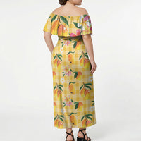 Aloha Hawaii Palaka Print Mango Plumeria Off Shoulder Maxi Dress Fresh Lemon